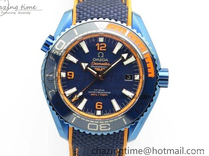 0818 FreshLook Planet Ocean 45mm GMT Blue DLC Black OMF Best Edition Blue Dial On Blue Gummy Strap A 8123
